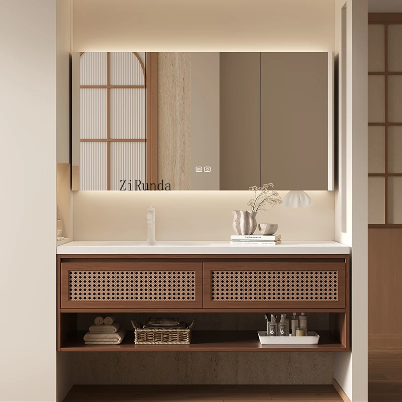 Wabi Sabi Wind Log Color Rattan giapponese Rovere rosso Mobiletto da bagno Combinazione WC con lavabo integrato in ceramica