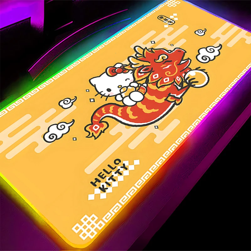 Коврик для мыши с RGB-подсветкой Hello Kitty Gamer, большой край, белый светодиодный коврик для компьютерной мыши, ковер, игровые аксессуары, коврик для клавиатуры, стола