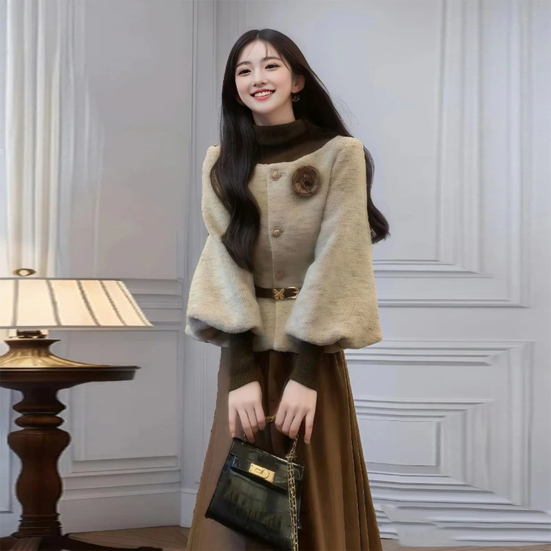 

Зимний комплект одежды в милом стиле: топ с завышенной талией, базовая рубашка, юбка до колен, комплект из трех предметов для молодых женщин