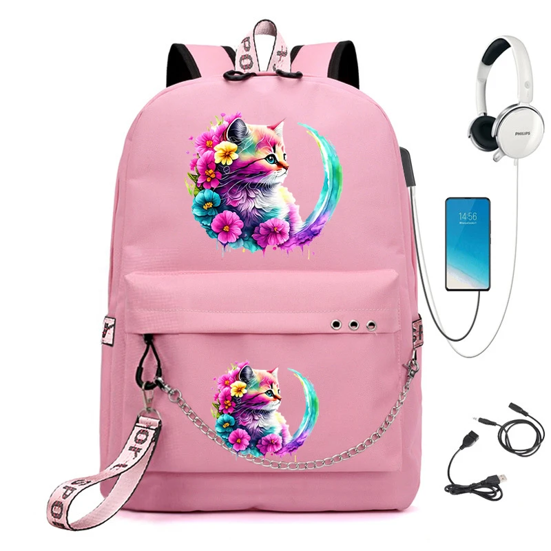 Cute Floral Cat Imprimir Mochila para Meninas Adolescentes, Saco de Escola Primária, Crianças Bookbag, Carregamento USB Bagpacks, Aquarela