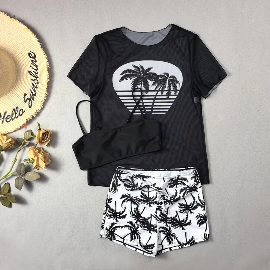 

Сексуальный жилет-бандо с принтом кокосовой пальмы, комплекты бикини и шорт из трех предметов с сетчатым чехлом с короткими рукавами, футболка, купальник, купальный костюм