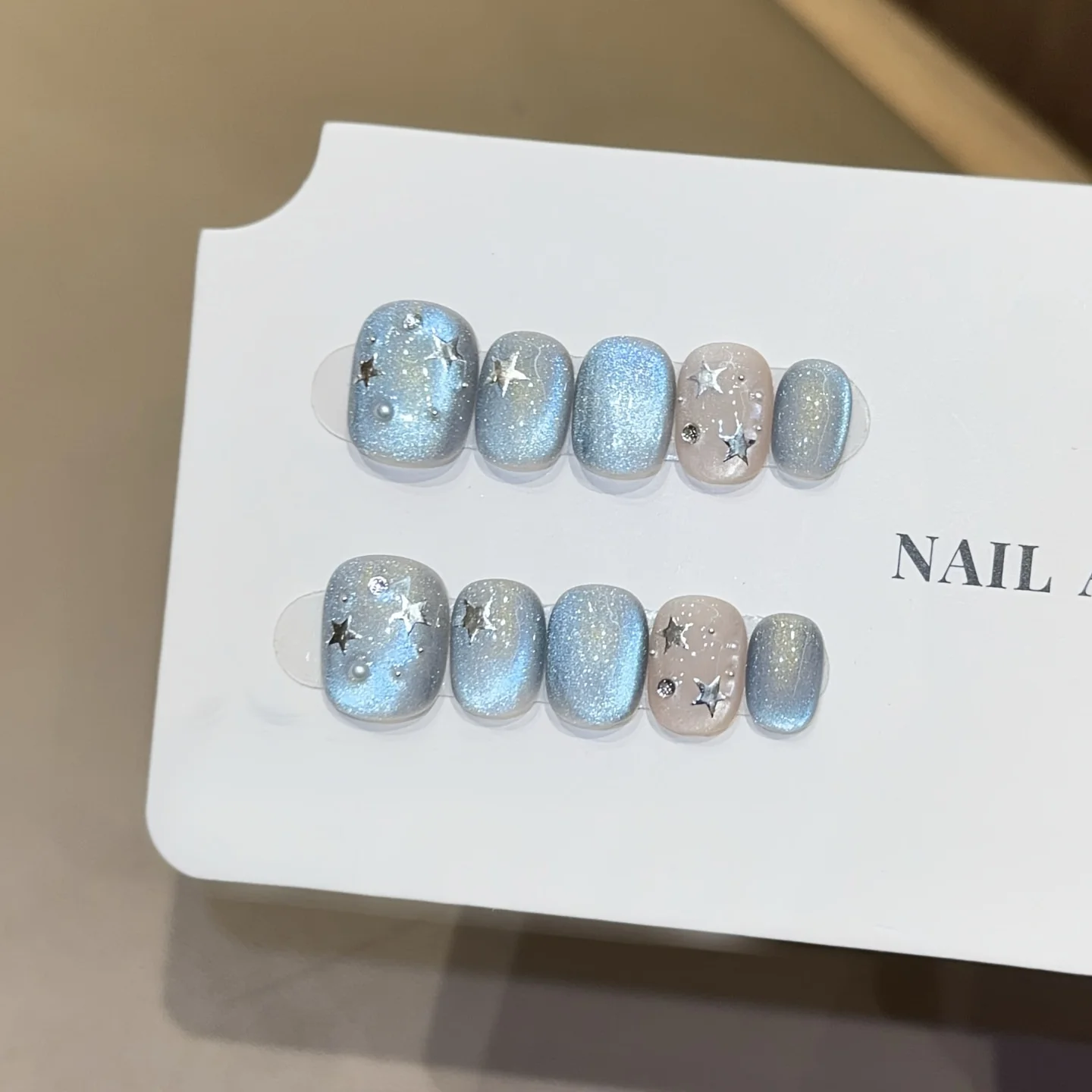 

10pcs Handmade Press on Nails Blue Star Cat Eye Full Coverage Nail Pieces for Women&Girls Short Detachable Wearable Fake Nail