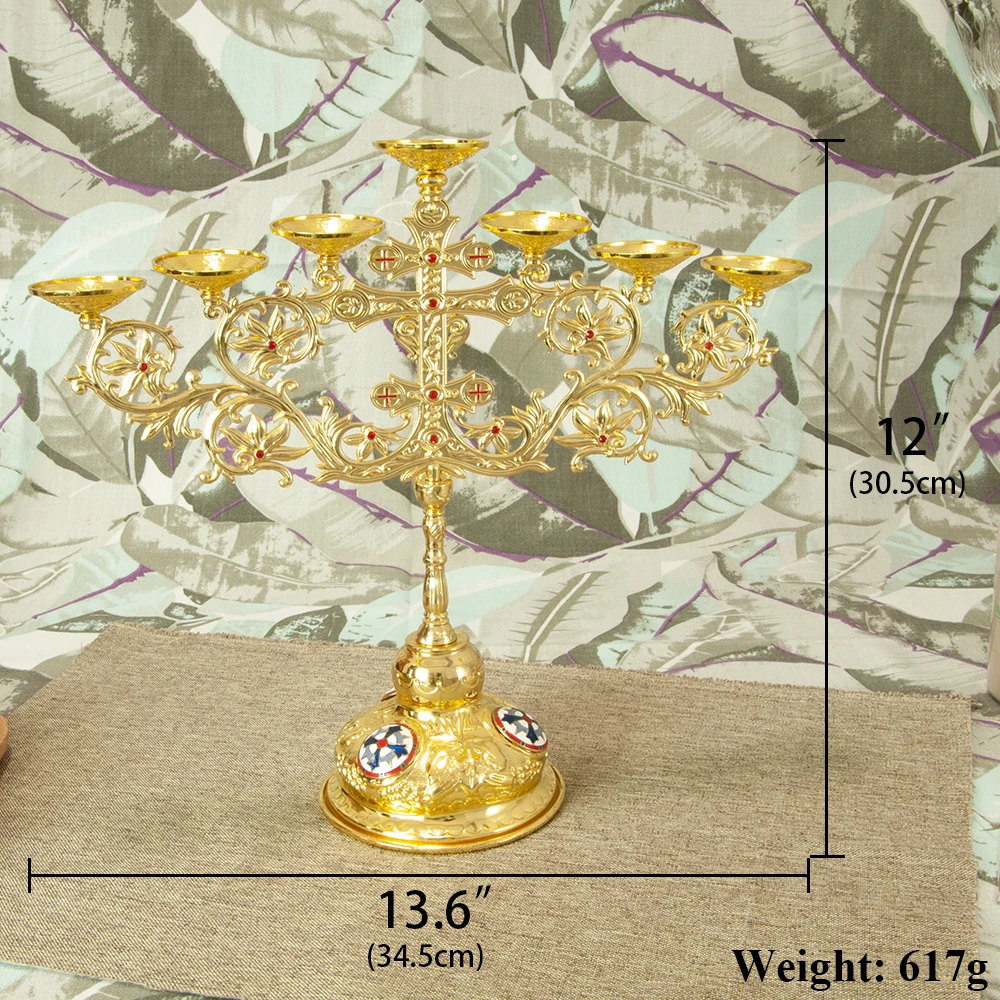 Orthodox 7-Candle Zinc Alloy Candelabra, 12 Inch Tall 7 Arms Candle Holder Stick for Taper, Candles Gold Vintage Design