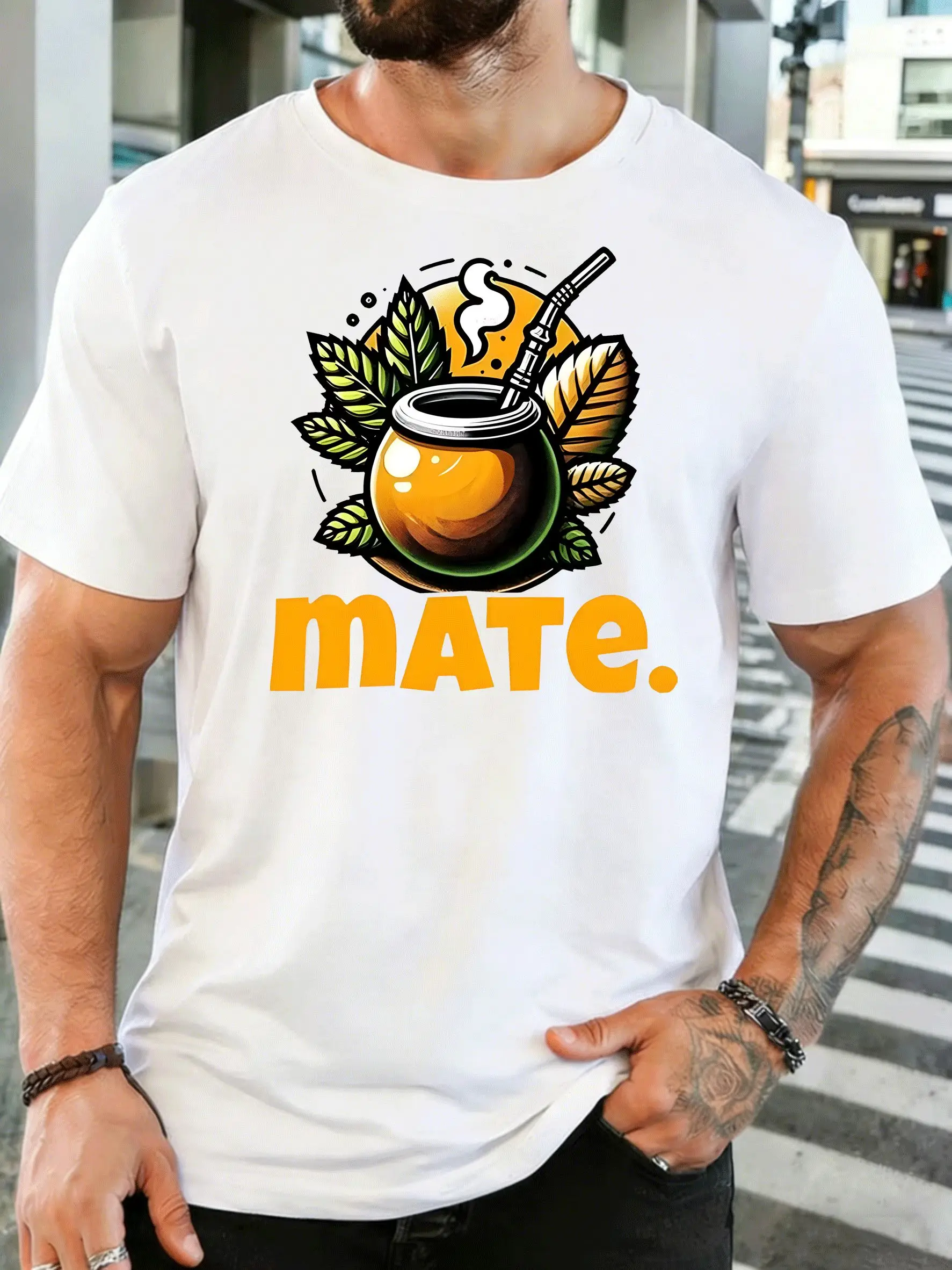 Yerba Mate Tea Cup Leaves Mens Front Print T Shirt South American Drink Graphic Tee Casual Short Sleeve Top Tea Lover Gift