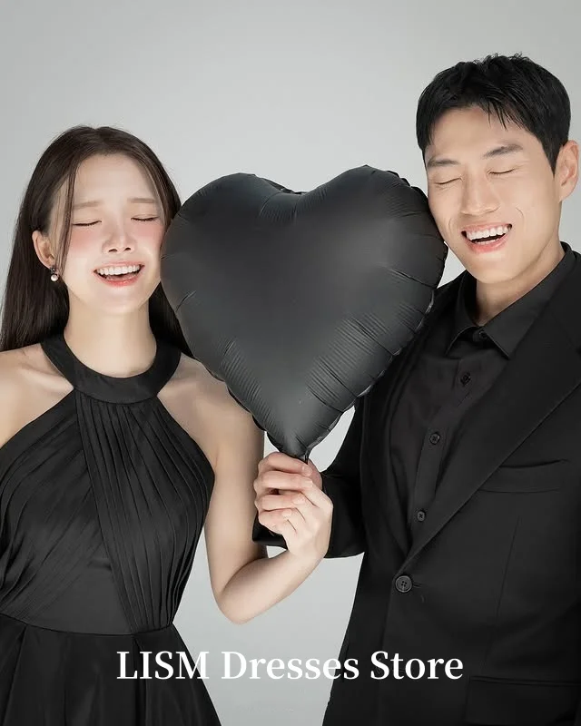 فساتين سهرة كورية رسن سوداء من LISM على شكل حرف A من الحرير والساتان فساتين زفاف طويلة في الهواء الطلق تبادل لاطلاق النار فستان مخصص عندساء