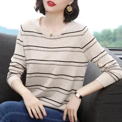 Fashion Loose Spring Autumn Thin Printing O-neck Striped Women's Clothing Long Sleeve Pullovers Simplicity Solid Color T-Shirts