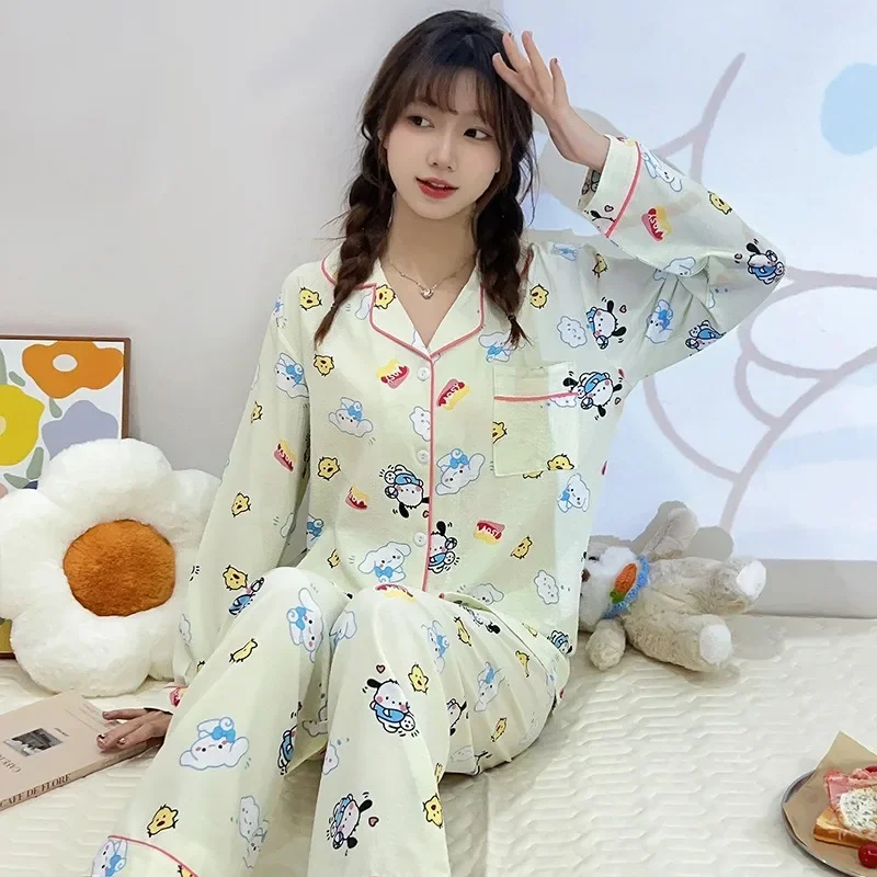 Sanrio Kuromi Cinnamoroll Women's Pajamas Set Anime Pochacco Long Sleeved Set Ventilate Soft Kawaii Cartoon Print Clothes