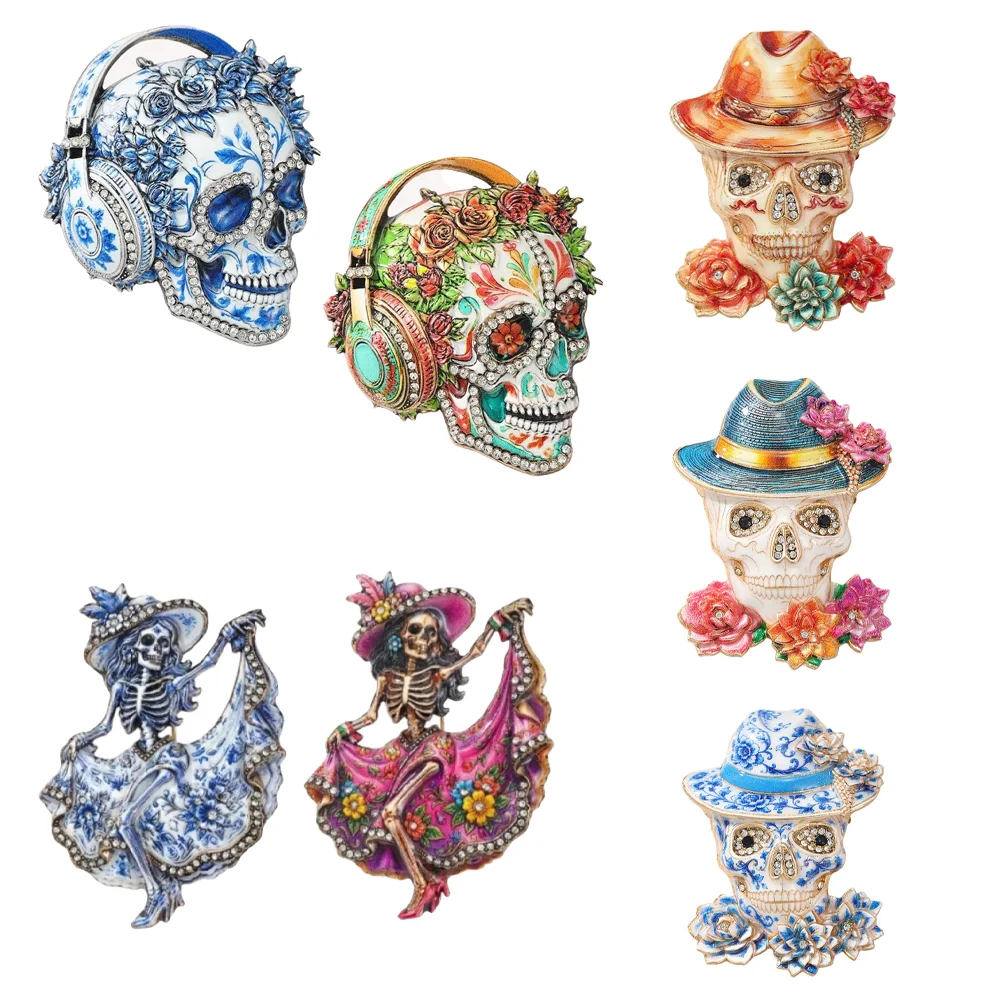 Sugar Skull Brooch with Headphone Rhinestone Enamel Pin Mexican Day of Dead Floral Skeleton Badge Halloween Jewelry