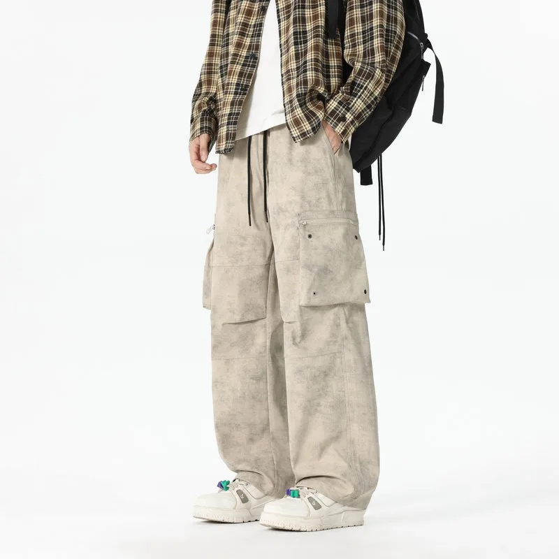 Pantalones elásticos de cintura alta con bolsillo para hombre, ropa de trabajo informal americana, a la moda y versátil, pantalones de pierna ancha para primavera y otoño