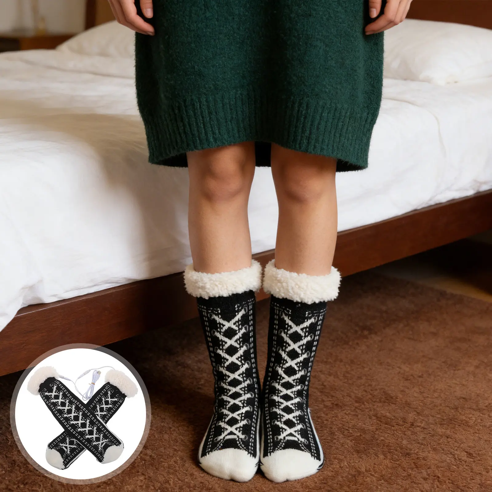 

1 пара электрических термоносков с подогревом, 45 см, зимние, с USB-подогревом, вязаные, нескользящие, для мужчин и женщин, для дома