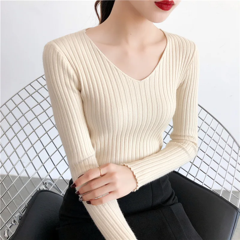 

Autumn Winter Knitted V Neck Women Sweaters Casual Long Sleeve Pullover Soft Warm Sweater Femme Fashion Basic Solid Jersey Tops