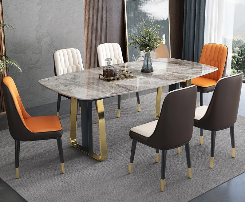 Hanyi Marble Dining Table Set Stainless Steel Simple Modern Furniture Home Furniture Simple Energy Saver Gold Metal Steel Stable