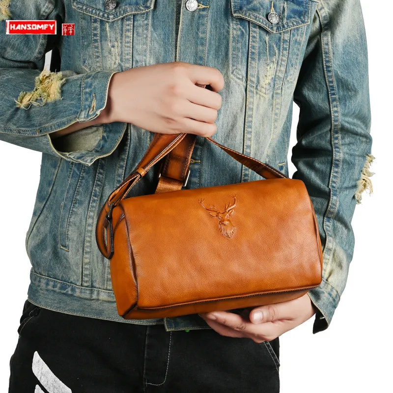 

Retro Genuine Leather Men's Bag First Layer Vegetable Tanning Leather Casual Shoulder Messenger Bags Small Crossbody Bag