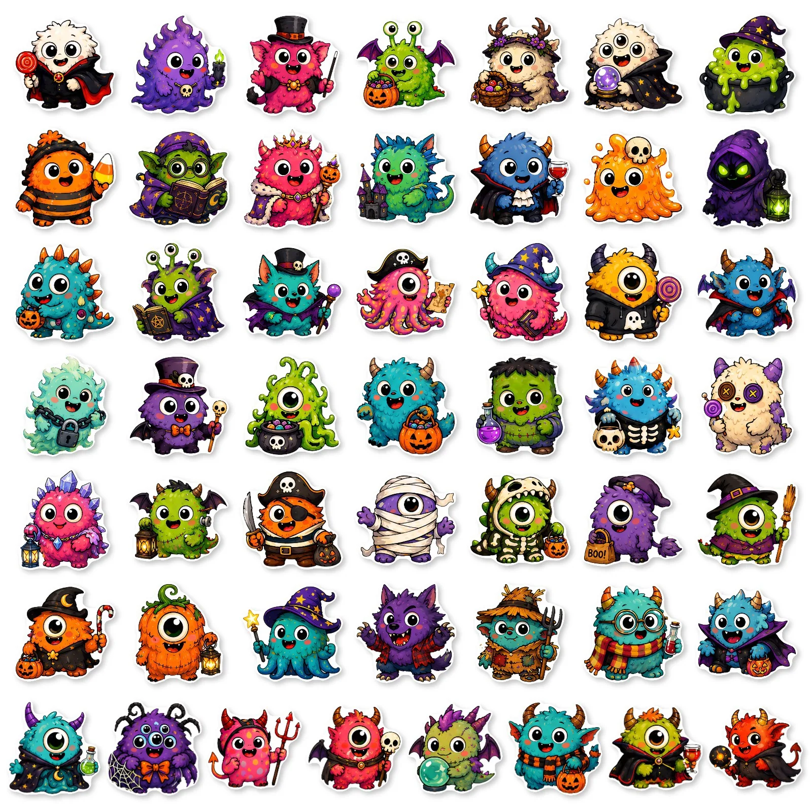 50PCS Cute Monster Halloween Stickers, Funny Magic Witch Pumpkin Decals for Skateboard Helmet Journal, Waterproof DIY Gift
