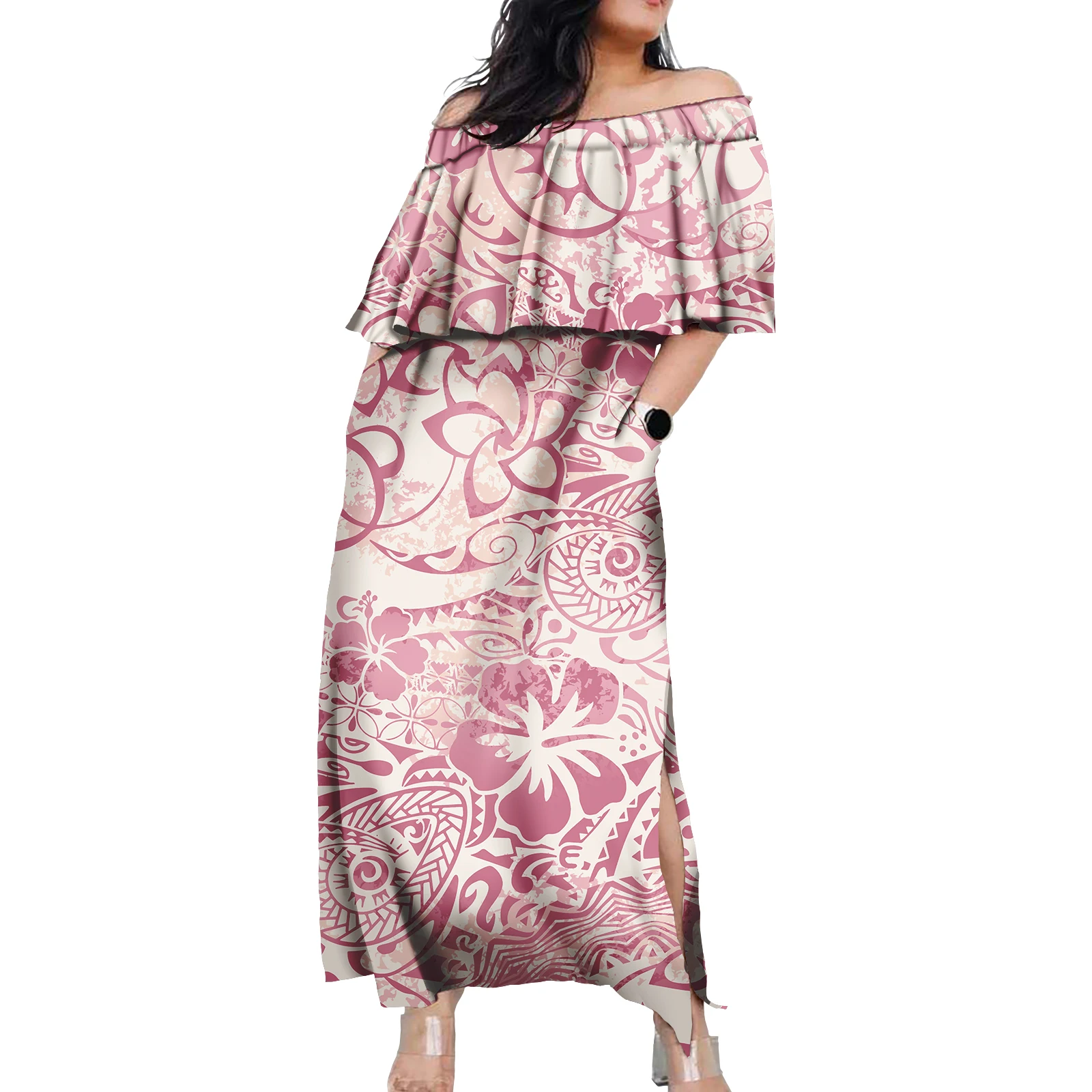 Hawaiian Floral Design Women Daily Dresses Polynesian Print Clothing Plus Size Female Outfit Fashion Maxi Dress with Pockets