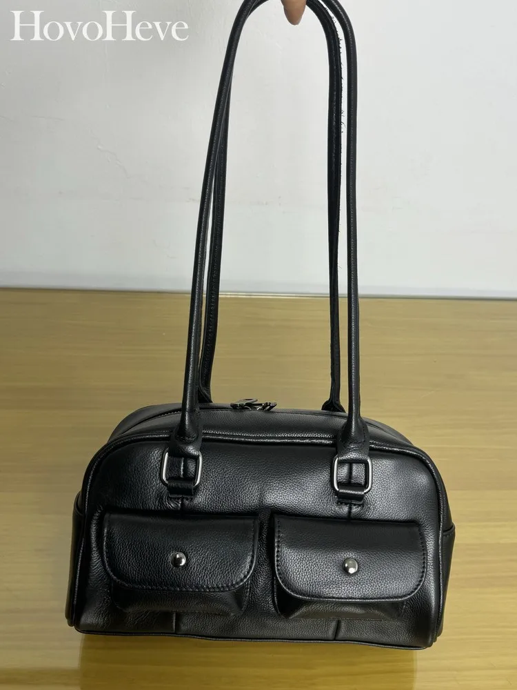 

Retro Women Zipper Office Multi Pocket Elegant Black Genuine Leather Tote Handbag Ladies Casual Single Shoulder Underarm Bag
