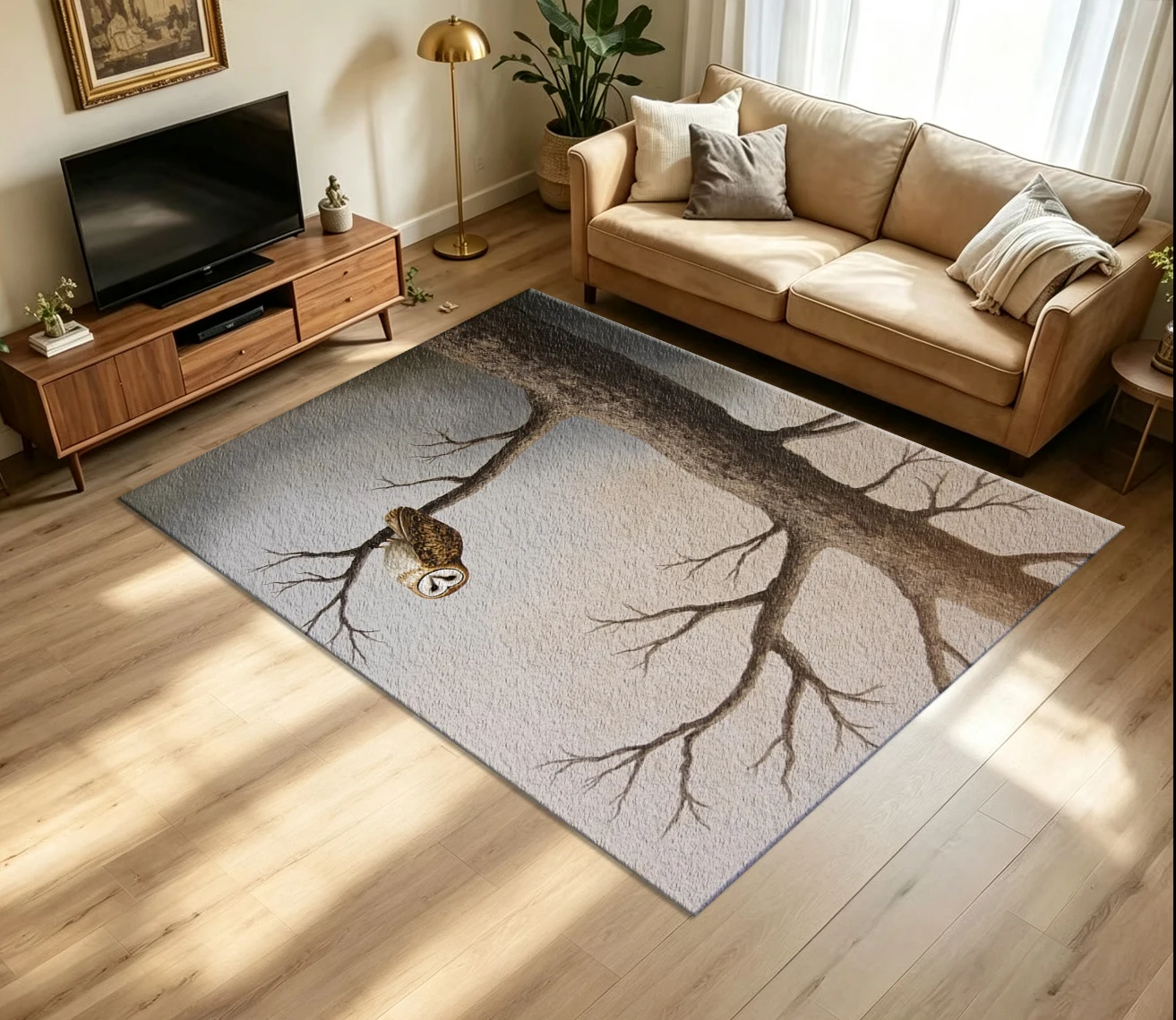 Vintage Barn Owl Wildlife Art Carpet Flooring Realistic Bird on Bare Tree Branch Painting Printed Floor Rug for Household Indoor Home Ornament
