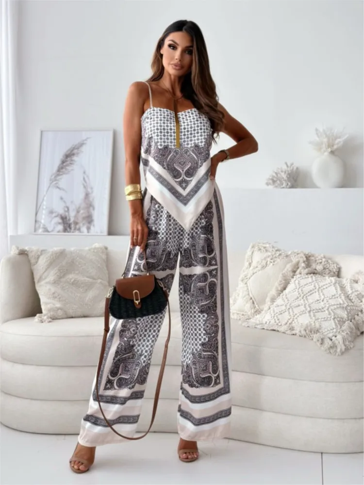 Summer New Women's Fashion Printed Sleeveless Strap Wrap Chest Sexy Strap Open Back+Positioning Flower Pants Set Two Piece Set