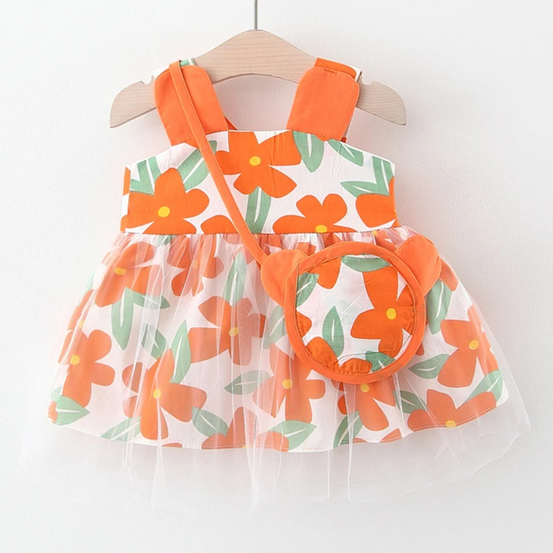 

babzapleume Summer Baby Girl Clothing Set Little Princess Dress Fashion Flowers Cotton Mesh Cute Dresses+Bag Newborn Clothes 014