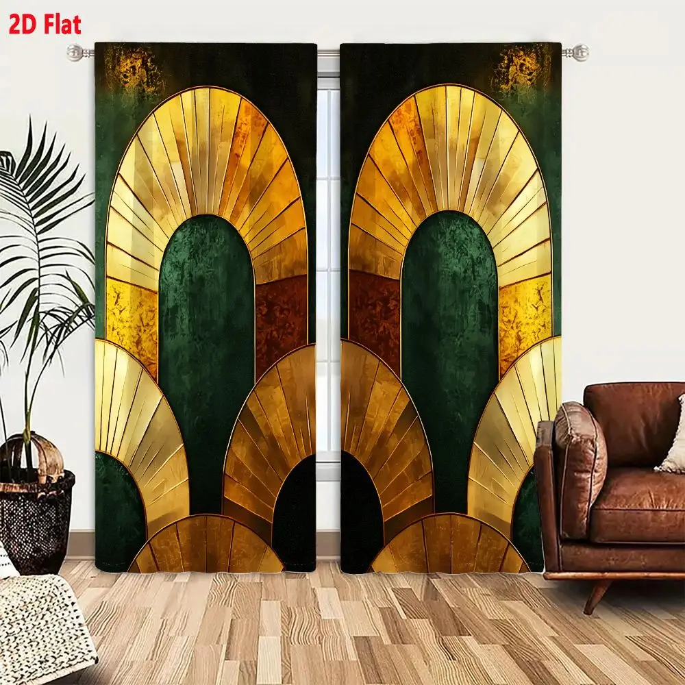 2Pcs Curtains Add 2D Flat Abstract Art Deco Gold And Teal Symmetrical Arch Sunburst Pattern Ornate Luxury Vintage Geometric Desi