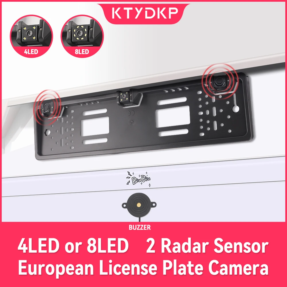 KTYDKP 12V 4/8 LED Car Rear View Camera with Radar Parking Sensor Parktronic with European License Plate Holder Frame Universal