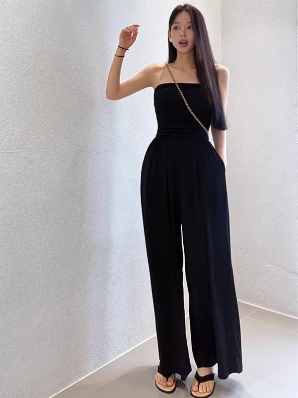 

Шикарные летние брюки с завышенной талией и открытыми плечами, женские повседневные широкие брюки с высокой талией, длинные брюки для офиса