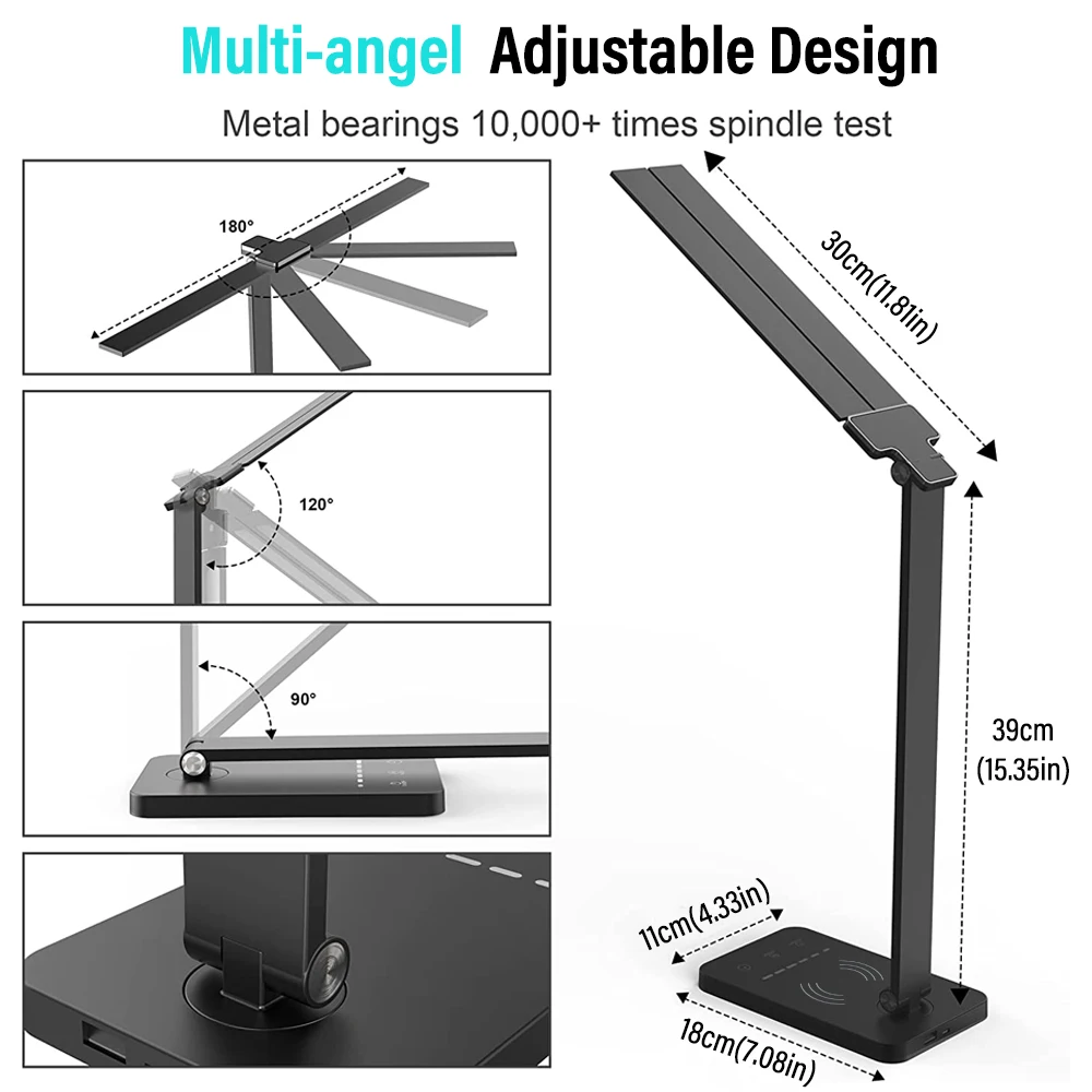 LED Double Head Reading Table Lamp with 10W QI Wireless Charging Touch Control Dimmable Timing Eye Care Desk Bedroom Learning