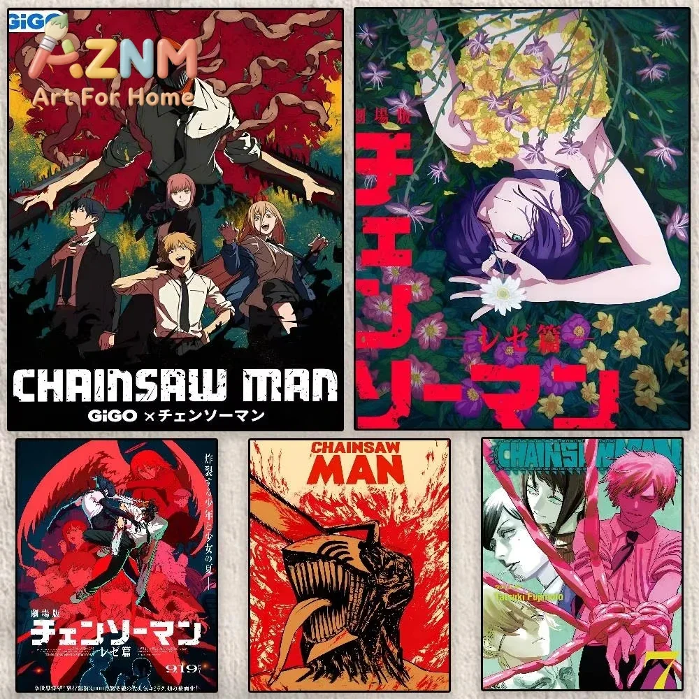 AZNM Chainsaw Man Retro Manga Cover Canvas Wall Art Frameless Print Poster for Home Bedroom Living Room Wall Decor