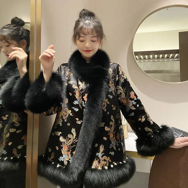 Manteau d\'Hiver en Fausse Fourrure pour Femme, Style Chinois, Harajuku, Mi-long, Perles, Tang Trempé, Veste Chaude, Élégante, Vintage, Nouvelle