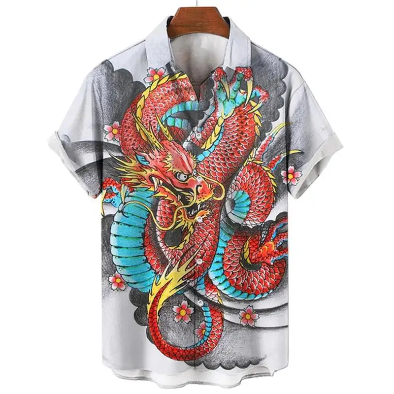 Summer Men\'s Dragon Pattern Element Shirt Social Casual Vintage Hawaiian 2023 New Oversize Short Sleeve Street Clothing