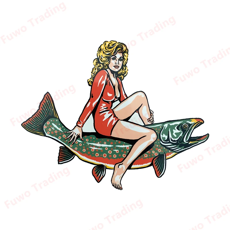 Fashionable Woman Riding A Fish  Fishing Funny Car Stickers Cartoon Personality Decals Waterproof Car Goods