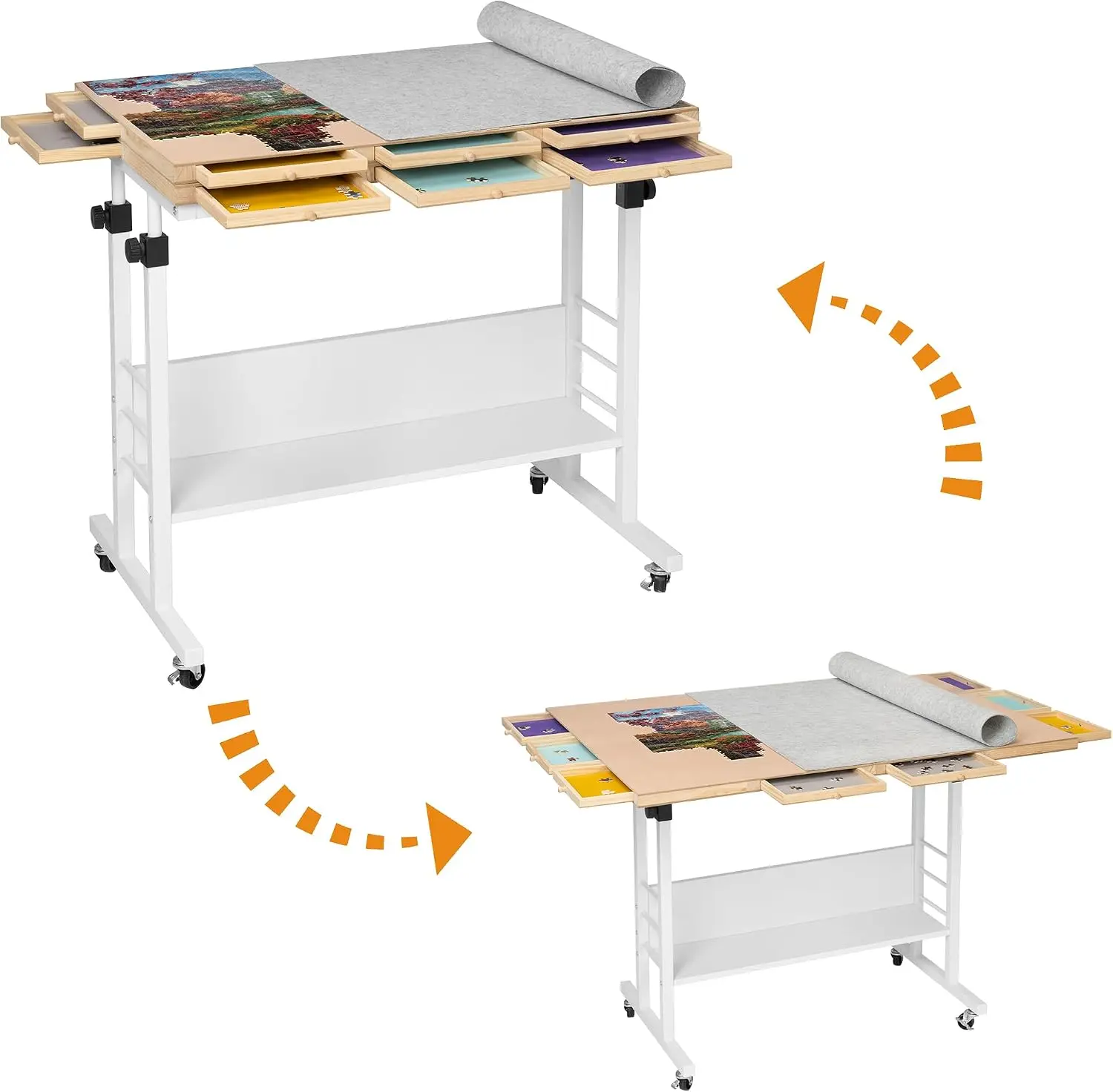 2000 Piece Foldable Puzzle Board with Height Adjustment, Jigsaw Puzzle Table with 2 Felt Covers & 8 Sorting Trays, Puzzle Easel with Legs & 4 Wheels (White)