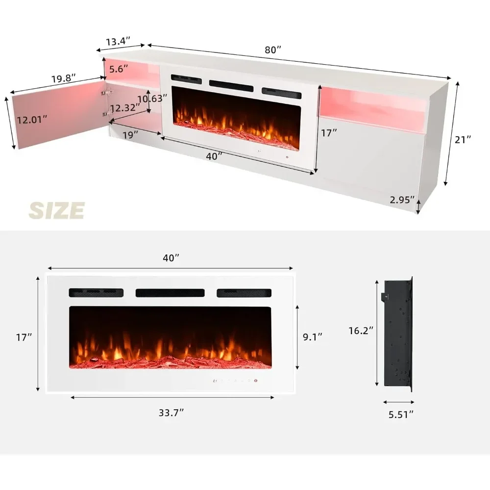 TV Stand with 40'' Electric Fireplace & 16 Color Led Lights and 12 Flame Fireplace Insert Heater, TVs Up To 90'', TV Console