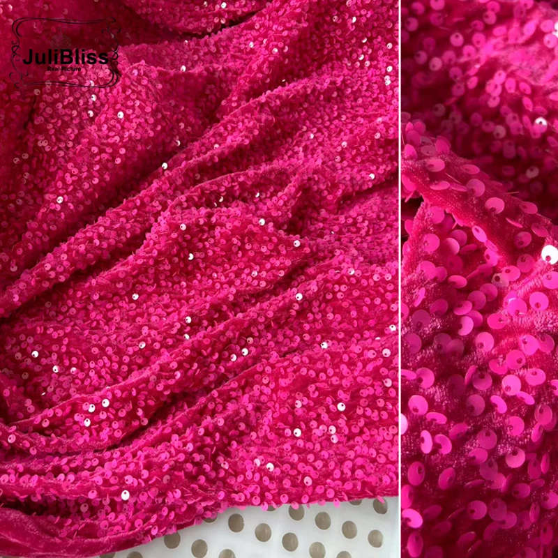 

Бархатная ткань с вышивкой цвета фуксии и блестками на метр, расшитая блестками ткань для костюмированного платья, свадебного украшения, материал для рукоделия «сделай сам», FDFU19