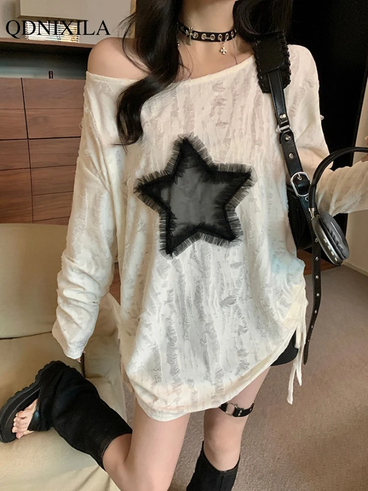 Spring Autumn New Long Sleeve Women's T-shirt Korean Fashion Hole One Shoulder Loose Top Women Casual Drawstring Bottoming Shirt