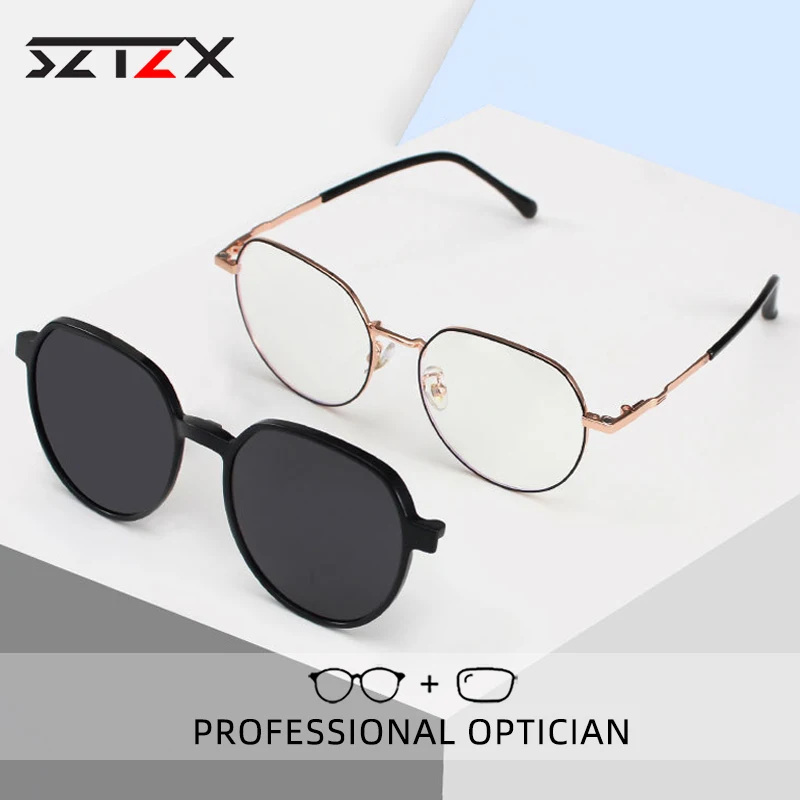 

SZTZX Round Magnet Clip On Reading Glasses Men Anti-Blue Ray Myopic Hyperopia Prescription Glasses With Women Colored Sunglasses