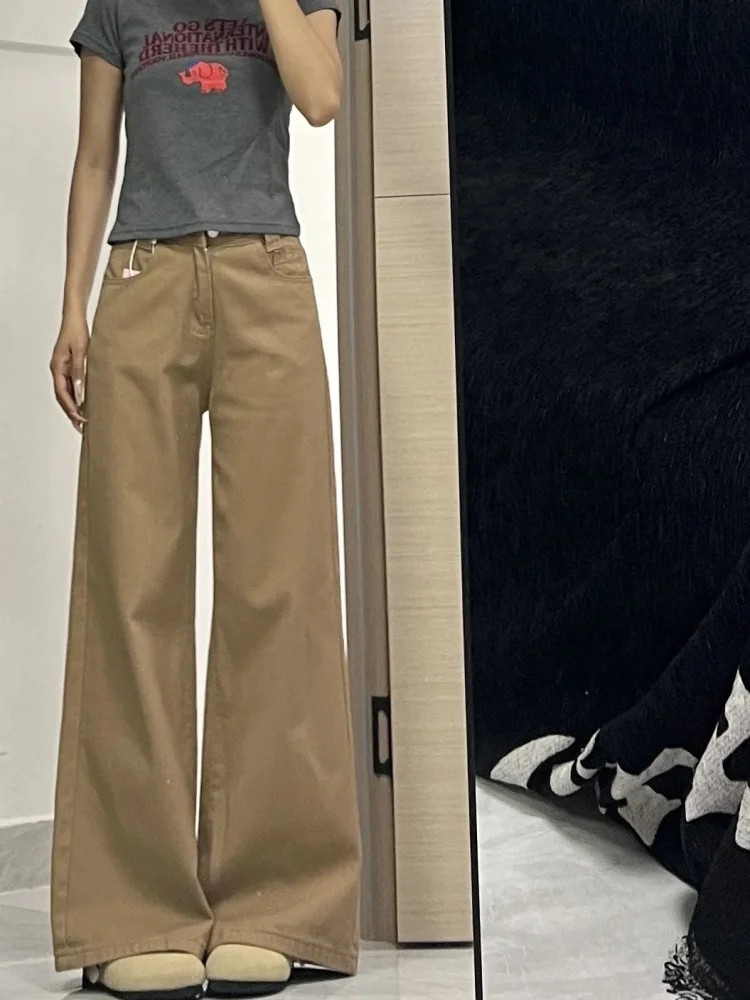 Low Waist American Retro Khaki Denim Jeans Women's Loose Floor-Length Not Tight Legs Flared Pants plus Size Comfortable Breat...
