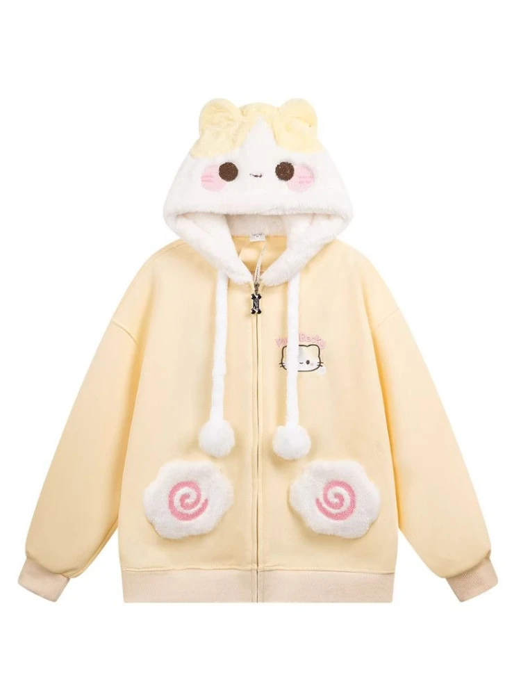 Japanese Kawaii Autumn Hoodies Long Sleeve Pretty Sweet Cartoon Embroidery Coats Harajuku Lovely Loose Lint Sweatshirts 2025 New