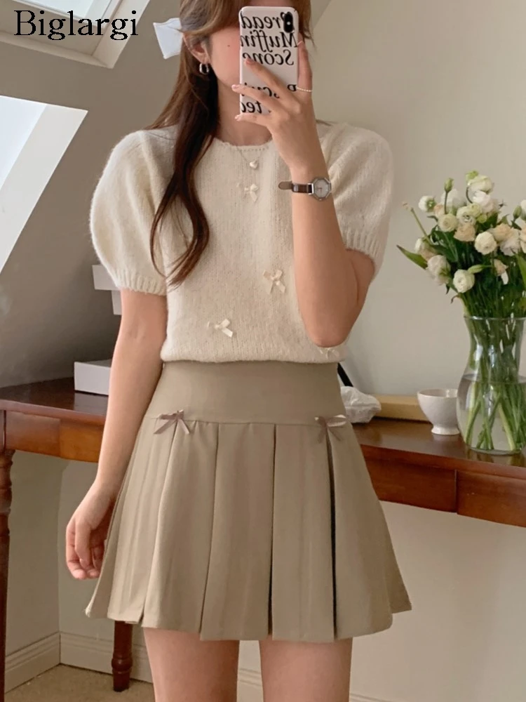 

Spring Summer Mini Skirts Women Bow High Waist Fashion Korean Style A-Line Ladies Skirts Ruffle Pleated Loose Woman Skirts