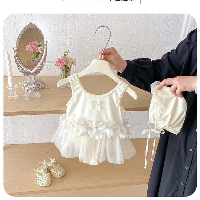 2026 Summer 0-3Y Baby Girls Sling One Piece Swimsuit With Swim Hat Mesh Ruffle Kids Swimwear Thin Toddler Princess Bathing Suit