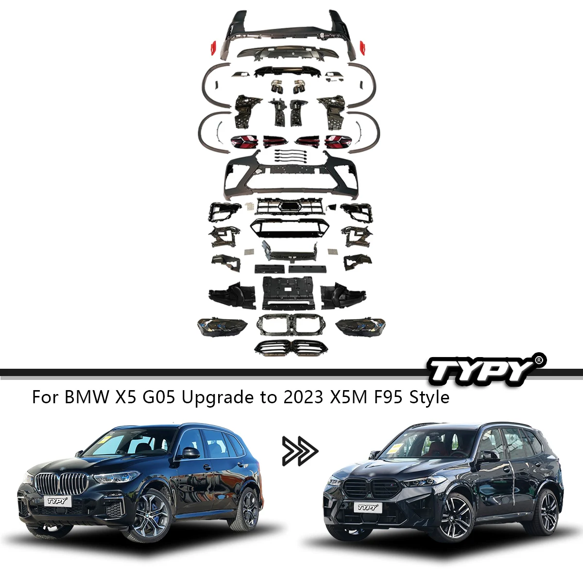 

TYPY Высококачественный комплект кузова для BMW X5 G05 19-22 Обновление до 2023 X5M Стиль Полный комплект кузова Передние и задние бамперы для авто освещения