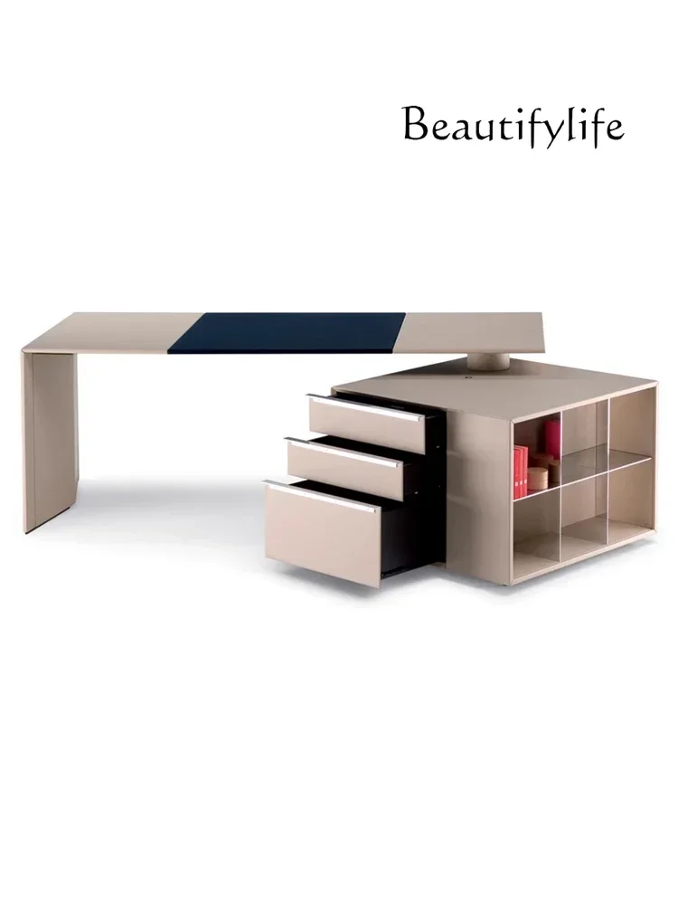 Italian Minimalist High-End Leather Desk President Boss Office Solid Wood Computer Desk