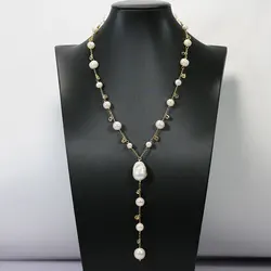GG Freshwater Cultured White Keshi Pearl Round Pearl Yellow Gold Plated CZ Chain Necklace Pendant Simple Lady Gifts