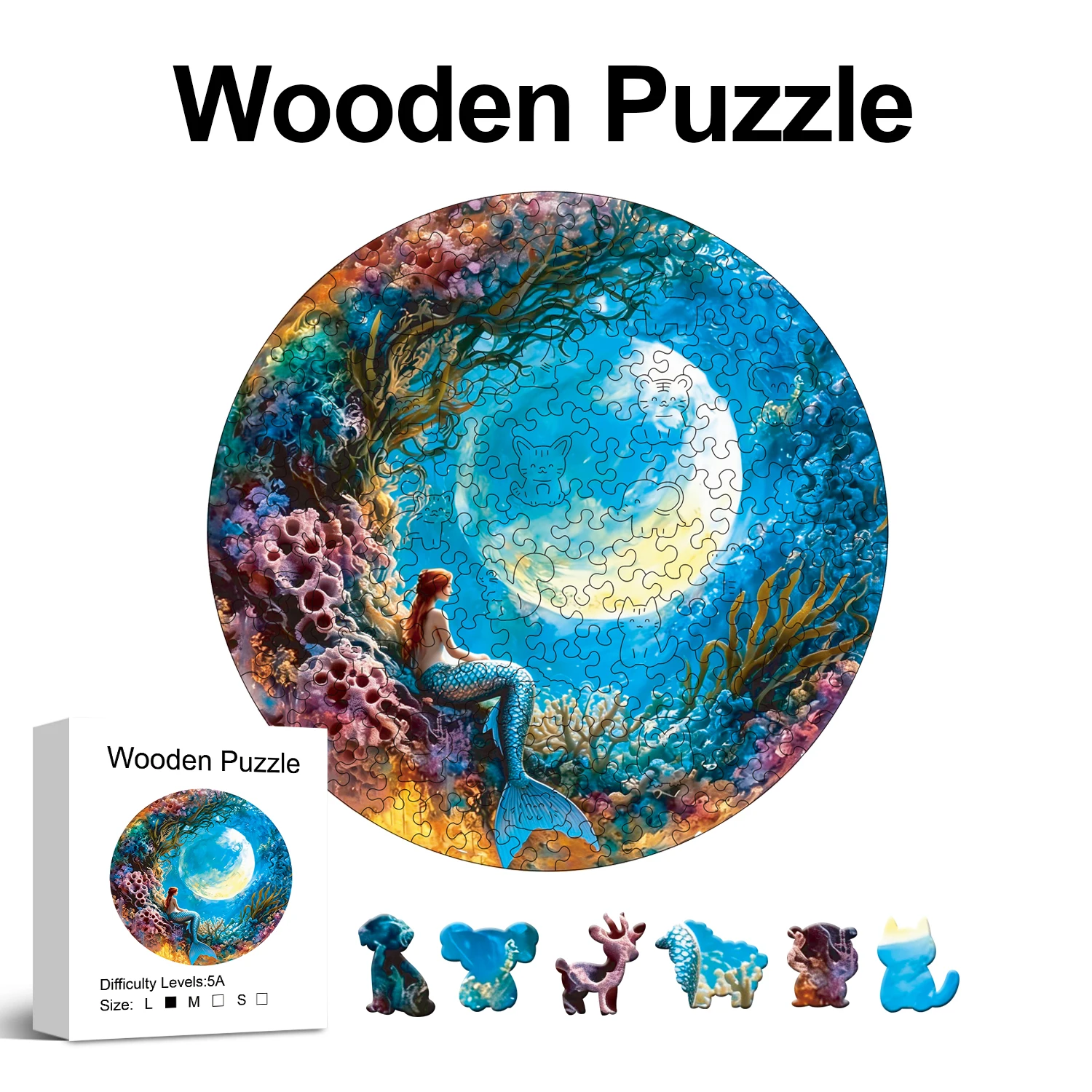 Mermaid Realm Wooden Jigsaw Puzzle, Uniquely Irregular Animal Shaped Wooden Puzzle For Adults, Perfect Birthday Holiday Gift