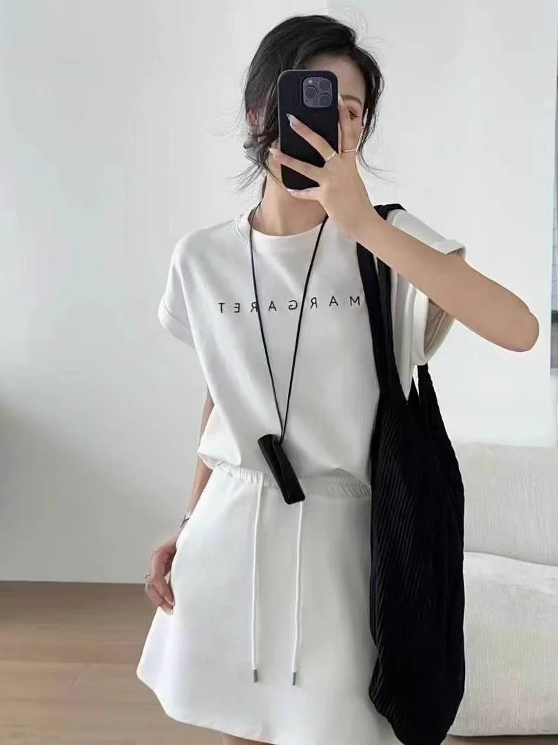 

Fashionable High Waist Short Sleeve Women's Set Summer 2025 Two-Piece Polyester round Neck Pullover Ensemble Elegant Versatile