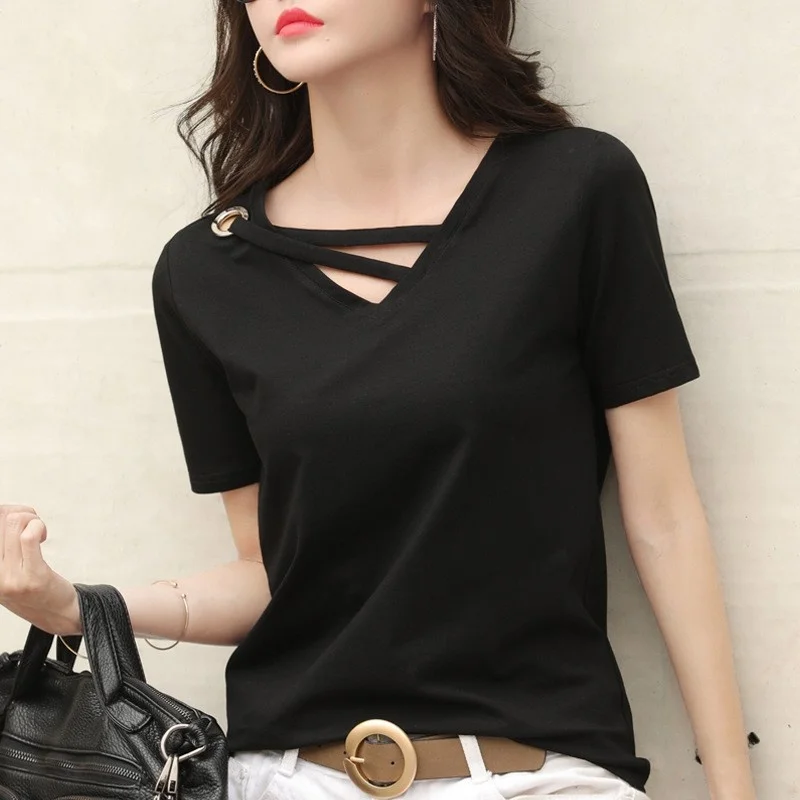 

2020 New Summer Women's T-irt V-ne ort-sve Overhead Student Korean Sle Pure White f-sve Top Sweet Sle Loos...