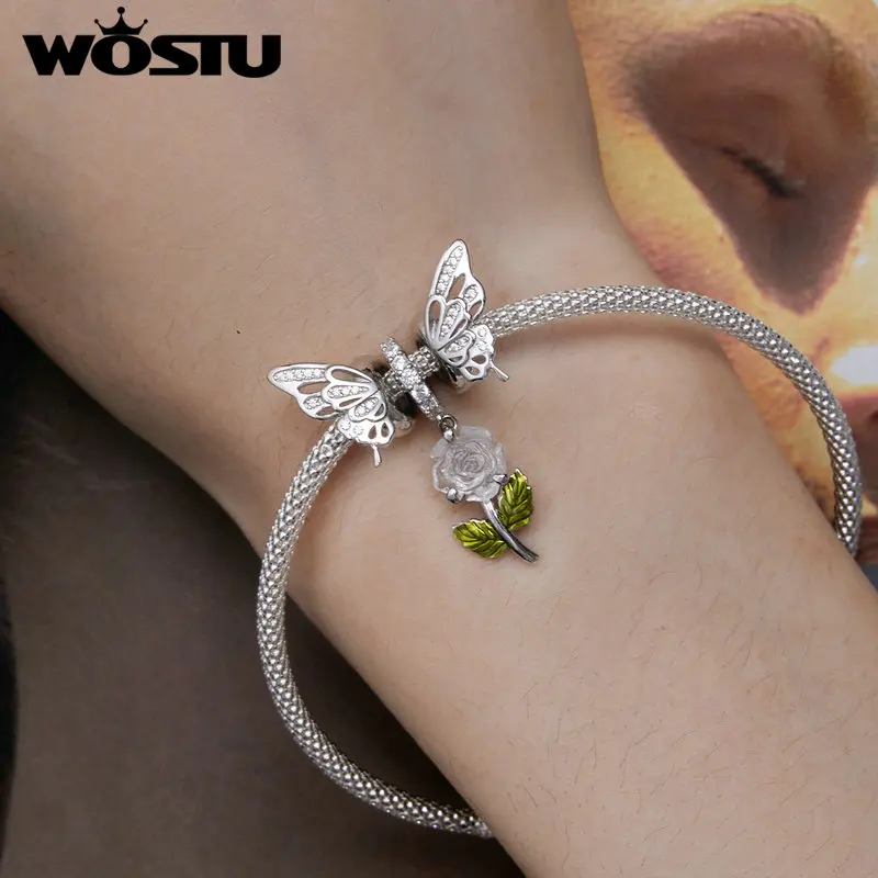 WOSTU 925 Sterling Silver Color Change Resin Rose Flower Charm Crystal Pink Heart Hug Pendant Fit Original DIY Bracelet Necklace