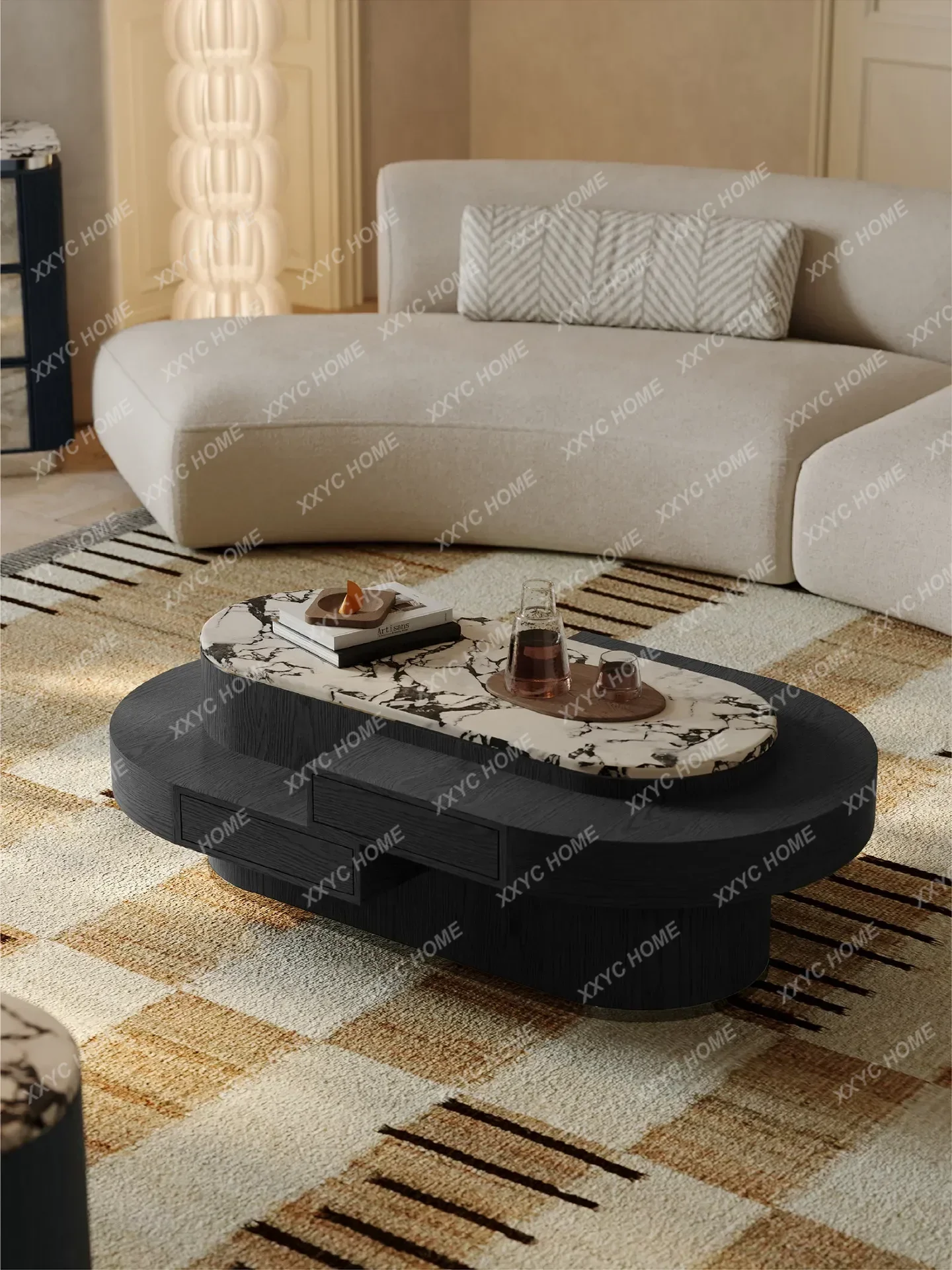 light luxury, living room tea table retro black marble oval coffee table