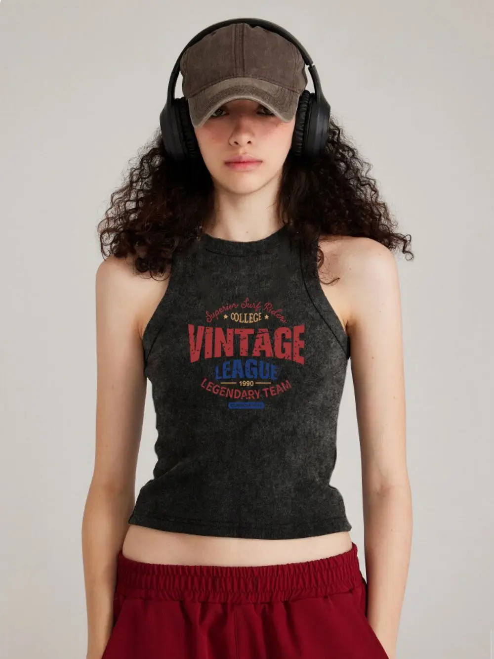 

Summer Woman Cotton Washed Sleeveless Vintage League Letter Print Vest Tops Tight Distressed Basic Tank Top Trend Female Clothes