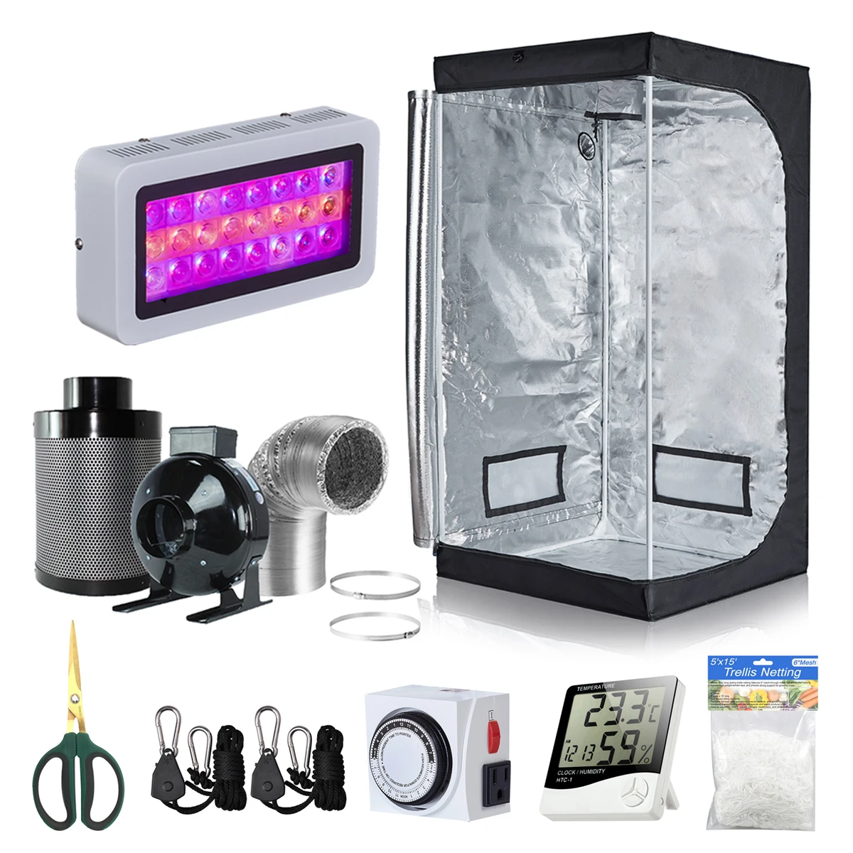 

24''x24''x48'' Grow Tent + 4'' Inline Fan Filter Combo + 300W LED Light + Hydro Accessories for Indoor Grow Tent Complete Kit